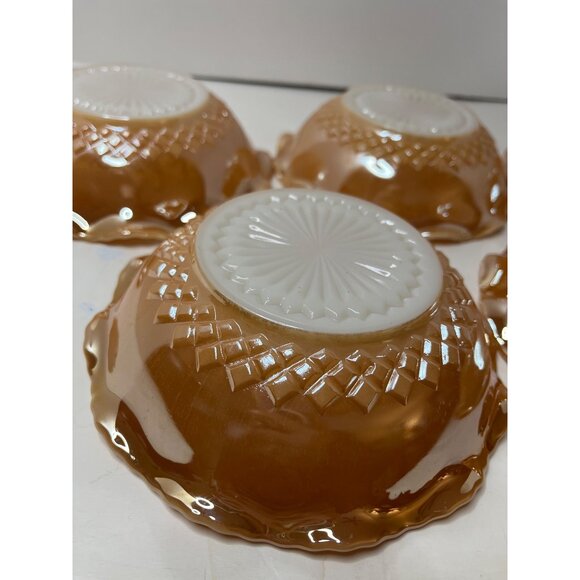 Fire King Peach Luster Soup salad Bowl Set of 5 Ruffled Rim 7” Milk Glass Bottom - Picture 6 of 8
